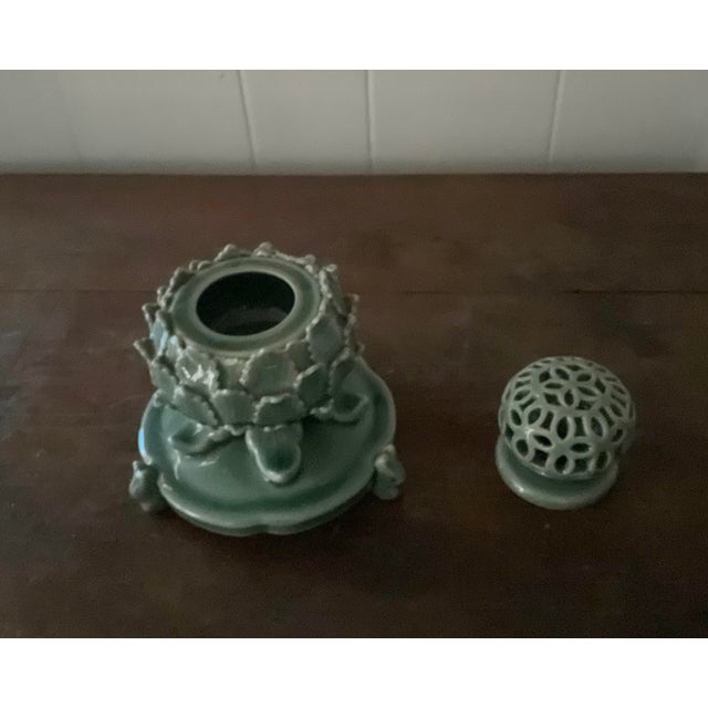 Asian Korean Blue Celadon Style Incense Burner With Round Lattice Top For Sale - Image 3 of 3