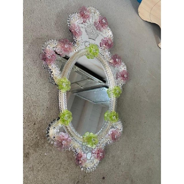 Glass Venetian Oval Green and Pink Floral Hand-Carved Mirror by Simoeng, 2000s For Sale - Image 7 of 10
