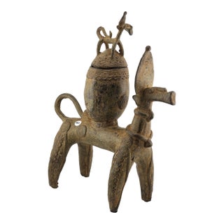 Antique African Nobility Ceremonial Dogon Bronze Horse W/ Covered Container 12"h For Sale