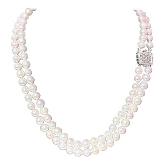 Diamond Akoya Pearl 2-Strand Necklace 14k Gold Certified For Sale