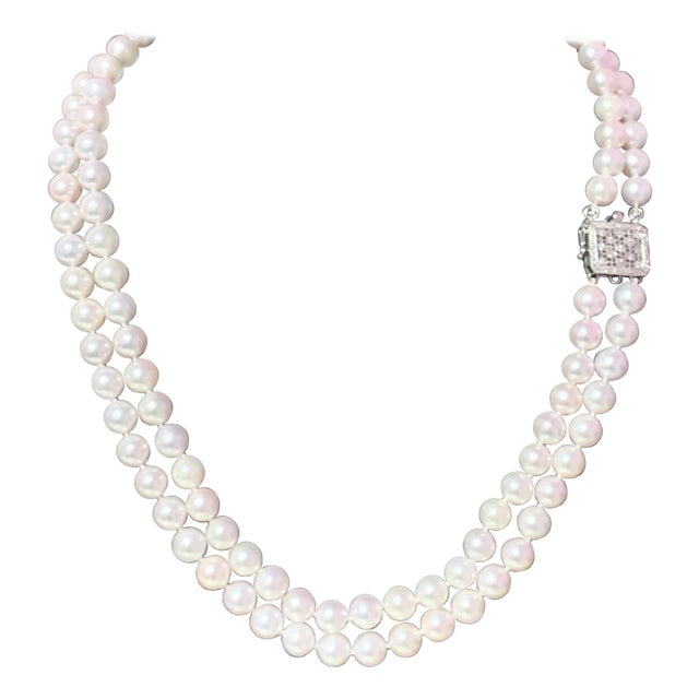 Diamond Akoya Pearl 2-Strand Necklace 14k Gold Certified For Sale