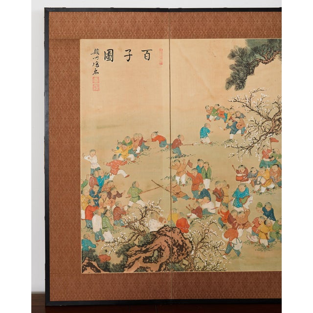 Asian Kano School Four Panel Screen One Hundred Boys For Sale - Image 3 of 18