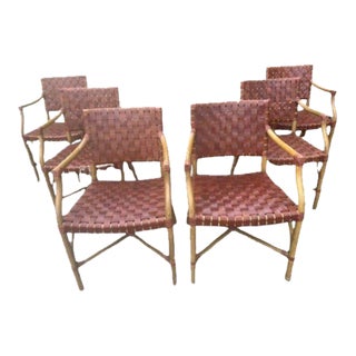 Set of 6 French Modern Bamboo & Woven Saddle Leather Armchair, Circa 1960s For Sale