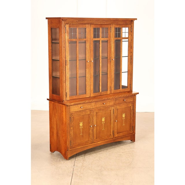 Mission Stickley Mission Collection Oak Harvey Ellis Inlaid China Cabinet For Sale - Image 3 of 18