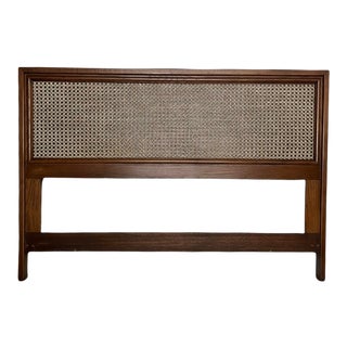 Mid-Century Modern Crafted Solid Wood Queen Headboard With Caning Accent For Sale