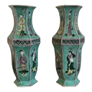 19th Century Chinese Famille Vert Biscuit Porcelain Vases - A Pair