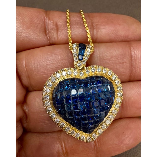 Invisible Mystery Set Sapphire and Diamond Heart Pendant 18 Karat Yellow Gold For Sale - Image 18 of 18