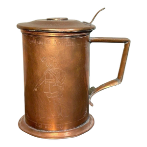 Circa 1910 Swedish Eskilstuna Copper Alloy Metal Engraved Gustavus Aldolphus and Carolus XII Motifs Gustaf v Coin Lid Commemorative Tankard/Stein