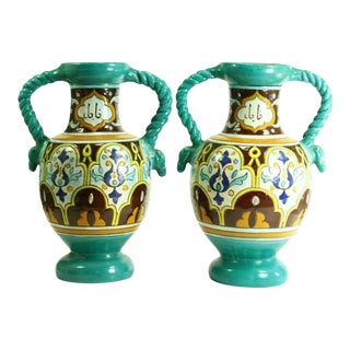 1928 French Studio Pottery Polychrome Glazed Terracotta Muslim-Style Art Deco Vases- a Pair For Sale