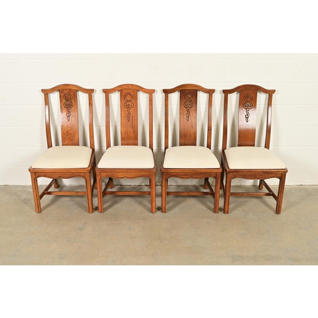 A gorgeous set of four Mid-Century Modern Hollywood Regency Chinoiserie high back dining chairs By Thomasville USA, Circa...