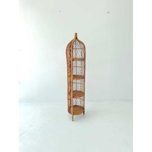Vintage Boho Wicker Four-Tier Estagere Cylindrical Shelving Unit, 1970s For Sale - Image 10 of 13