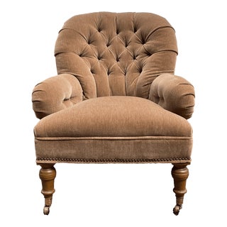 Bench Made, Hand Tufted English Slipper Chair in Mocha Mohair on Turned Legs and Casters For Sale