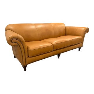 Late 20th Century Hancock & Moore Caramel Leather Sofa With Nailhead Trim – Rolled Arm, Usa, 90” For Sale