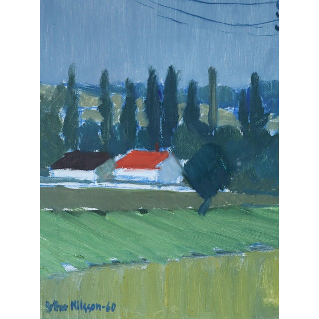 Textile 1960 Mid-Century Modern 'Across the Countryside' Vintage Original Landscape Oil Painting, Framed For Sale - Image 7 of 10