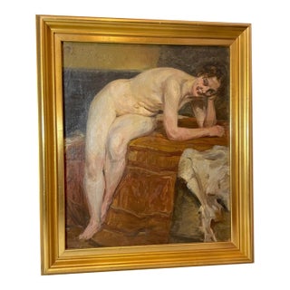 Antique Orig. Frederik Lange Oil on Canvas Nude Lady Study Painting Expressive For Sale