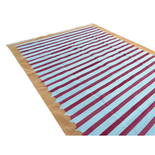 Textile Handmade Cotton Area Rug Vegetable Dyed Sky Blue, Pink and Tan Striped Rug-10'x14' For Sale - Image 7 of 11