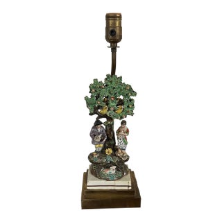 Antique Early 19th Century English Staffordshire Figure of a Georgian Couple With Dovecote Tree Mounted as a Table Lamp For Sale