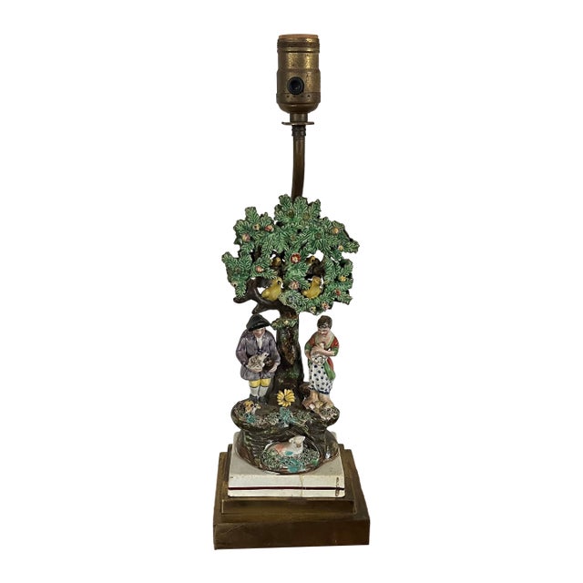 Antique Early 19th Century English Staffordshire Figure of a Georgian Couple With Dovecote Tree Mounted as a Table Lamp For Sale