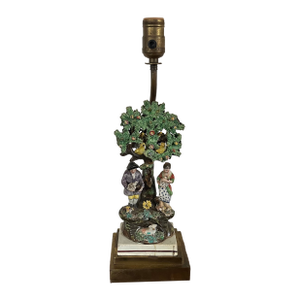 Antique Early 19th Century English Staffordshire Figure of a Georgian Couple With Dovecote Tree Mounted as a Table Lamp