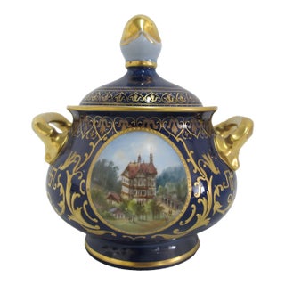 19th Century Art Nouveau Hermann Voigt Karlsbad 19thc Gilt Hand Painted Church Landscape Porcelain Sugar Bowl For Sale