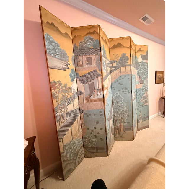 Antique Six Panel Watercolor Floor Screen For Sale - Image 15 of 15