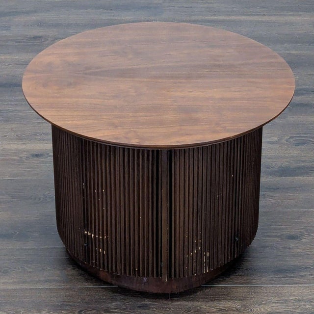 Mid 20th century walnut tambour door drum side table - circa 1960. Brand: Lane. Dimensions (in): 28W x 28D x 20H.