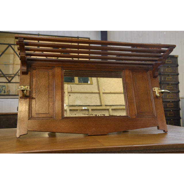 Art Deco Oak Coat Rack and Brass Hooks, 1930s, in Very Good conditions. Designed 1920 to 1949