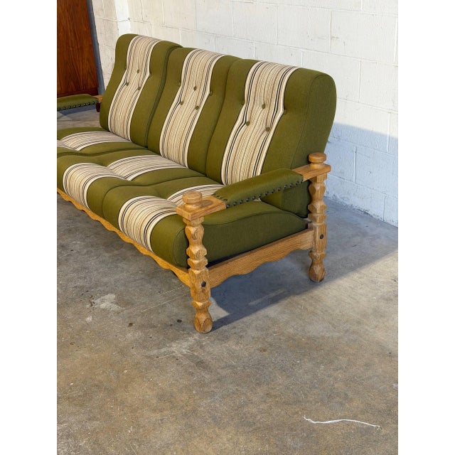 Vintage Danish Oak Sofa in Style of Henning Kjærnulf Green Striped Upholstery Mid Century For Sale - Image 9 of 10