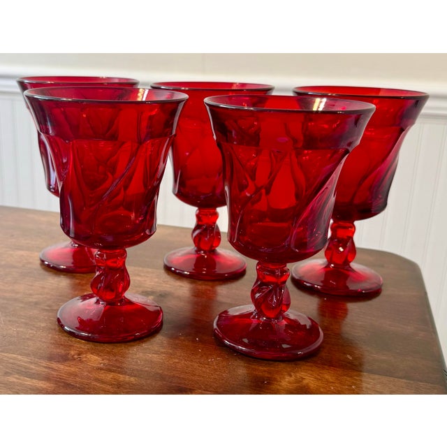 Glass Mid 20th Century Fostoria Jamestown Ruby Red Water Goblets - Set of 5 For Sale - Image 7 of 12