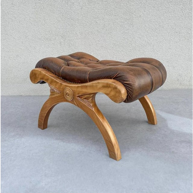 Chesterfield Ottoman in Carved Wood and Leather, 1960s For Sale - Image 4 of 16