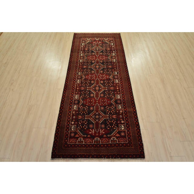 Cabin Baloch Runner 3’5” X 8′ Black Wool Vintage Tribal Hand-Knotted Oriental Rug For Sale - Image 3 of 13