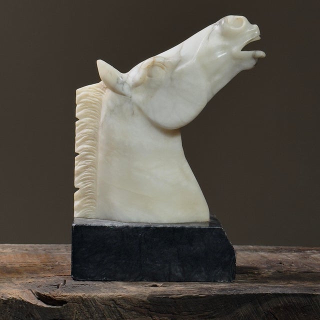 Stone Antique Large Italian Art Deco Hand Carved Alabaster Horse Head Bookends For Sale - Image 7 of 12