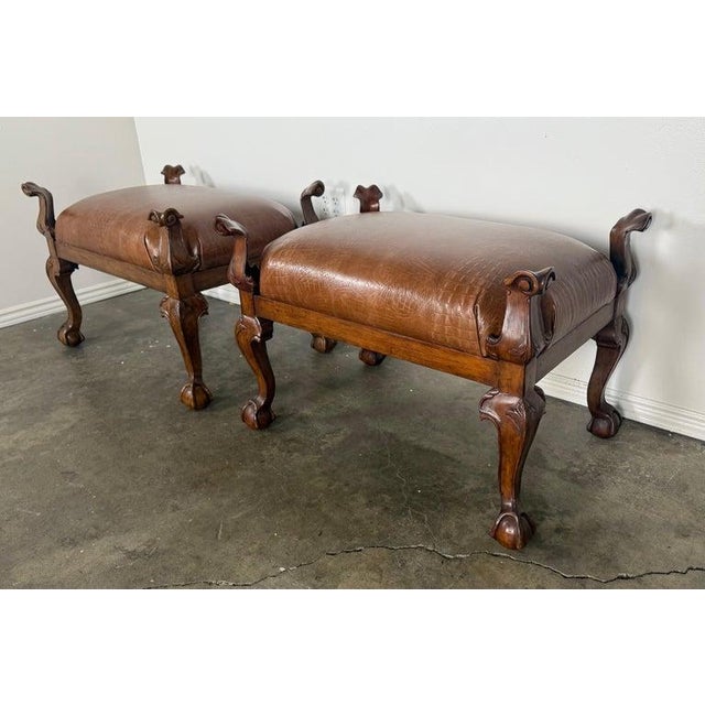 Spanish Revival Pair of Spanish Revival Embossed Leather Benches For Sale - Image 3 of 10