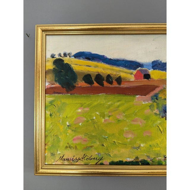 Green Mid-Century Modern "Fresh Fields" Vintage Mini Post-Impressionist Landscape Oil Painting, Framed For Sale - Image 8 of 11