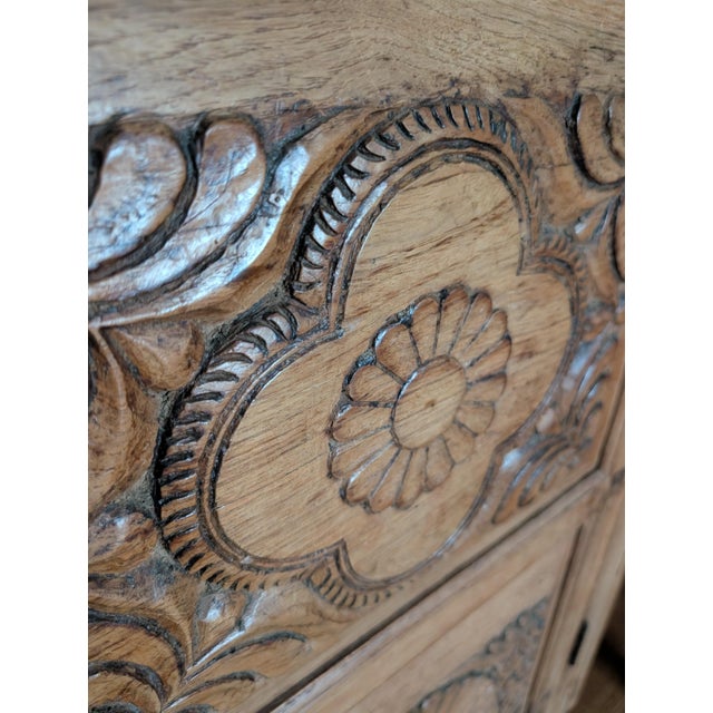 Brown Stunning Antique Indonesian Carved Teakwood Cabinet With Majolica Ceramic Tiles For Sale - Image 8 of 14