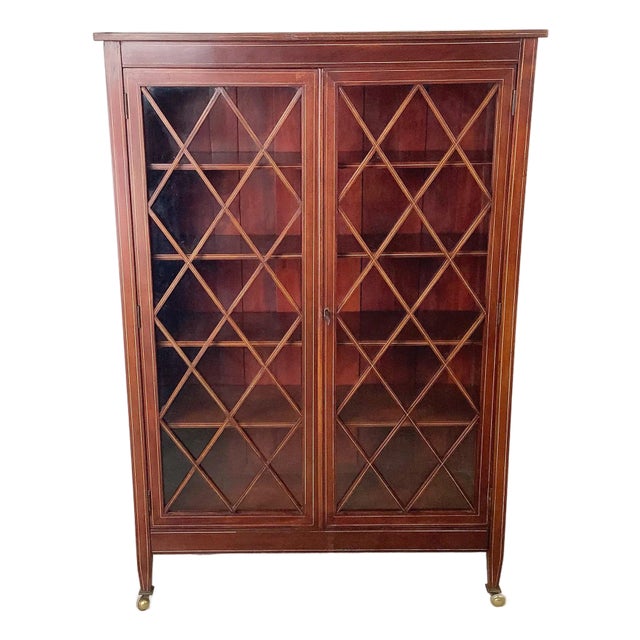 Edwardian Revival Mahogany Diamond Lattice Glazed Bookcase For Sale