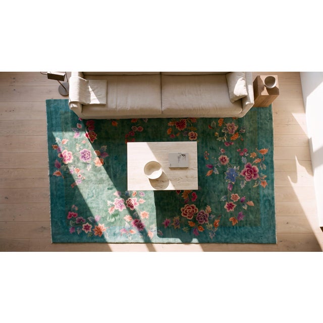 1920s Green Floral Modern Antique Chinese Art Deco Rug 8' 8"x11' 4" Handknotted Wool Carpet For Sale - Image 15 of 16