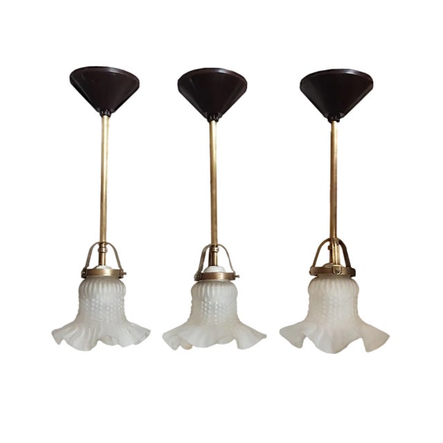 Small Vintage French Frosted Glass Pendant Lamps, Set of 3 For Sale
