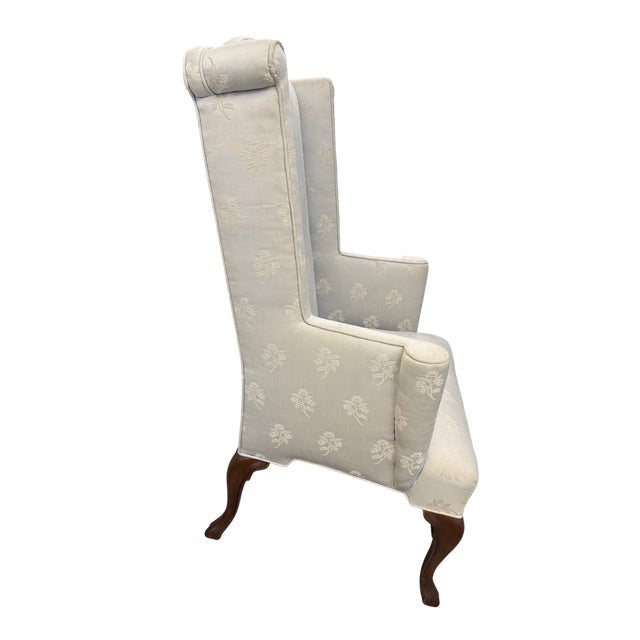Baker Furniture Attributed Blue Damask Wingback Chairs - A Pair For Sale In Indianapolis - Image 6 of 15