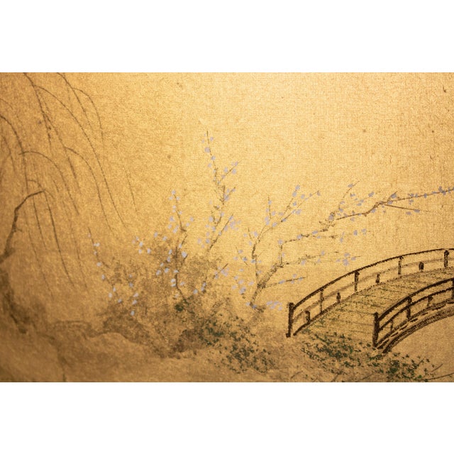 1960s Landscape With Bridge, Showa Era Japanese Painted Byobu Screen For Sale - Image 9 of 18