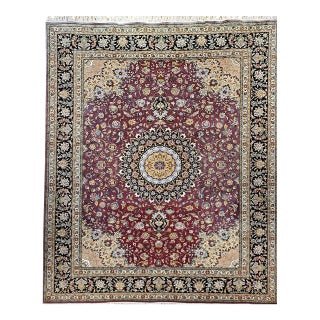 Vintage Persian Tabriz Rug, Hand-Knotted Wool & Silk, Fine Floral Pattern, Burgundy & Navy, 10x13 For Sale