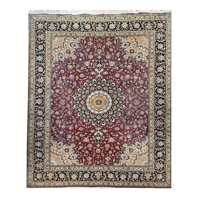 Vintage Persian Tabriz Rug, Hand-Knotted Wool & Silk, Fine Floral Pattern, Burgundy & Navy, 10x13 For Sale
