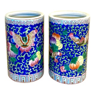 Chinese Hand Painted Brush Pots - A Pair For Sale