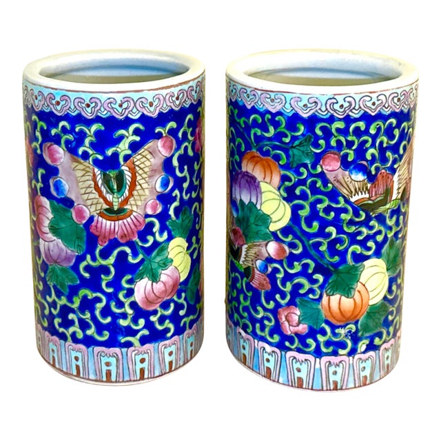 Vintage Chinoiserie Hand Painted Chinese Enameled Brush Pots - A Pair For Sale