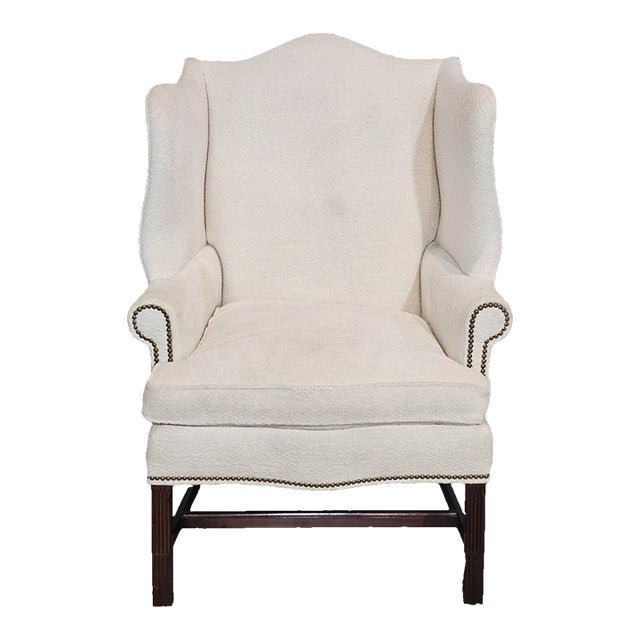 Late 20th Century Hancock & Moore Mahogany Chippendale Style Wing Chair High End Designer Fabric For Sale