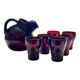 1940s Anchor Hocking “Royal Ruby” Pitcher & Juice Glasses - 7 Pieces For Sale