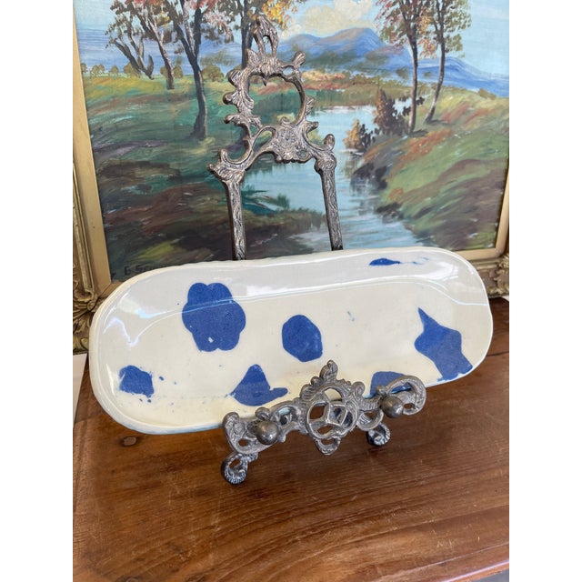 1970s Handmade Studio Pottery Tray With Blue Abstract Glaze and Textured Underside For Sale - Image 5 of 9