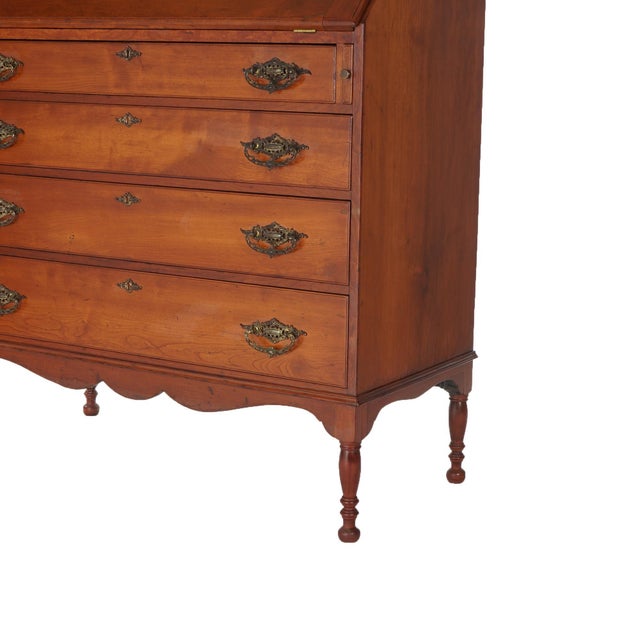 Mid-Century Modern Sheraton Cherry Drop Front Desk with Graduated Drawers & Brass Gallery, C1820 For Sale - Image 3 of 12