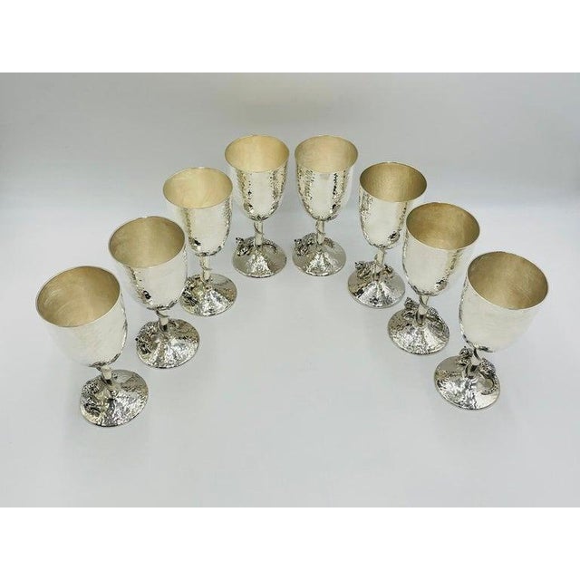 Mexican 1980s Set of 8 Silver Plated & Crushed Emerald Wine/Water Goblets by Emilia Castillo For Sale - Image 3 of 18