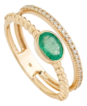 Modern 2.47Ct Emerald & Diamond Double Band Ring in 14k Yellow Gold Size 6